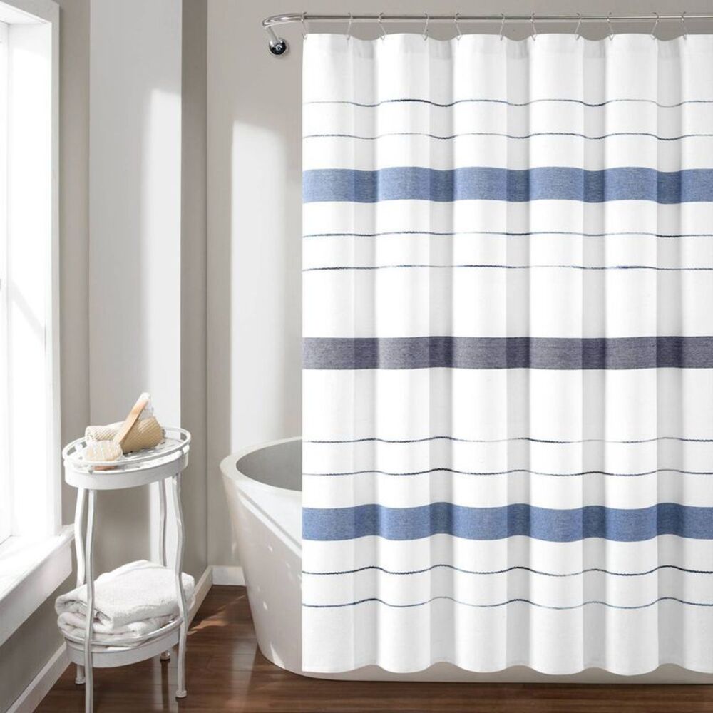 72"x72" Chic Striped Eco Friendly Recycled Cotton Shower Curtain Navy Lush Décor